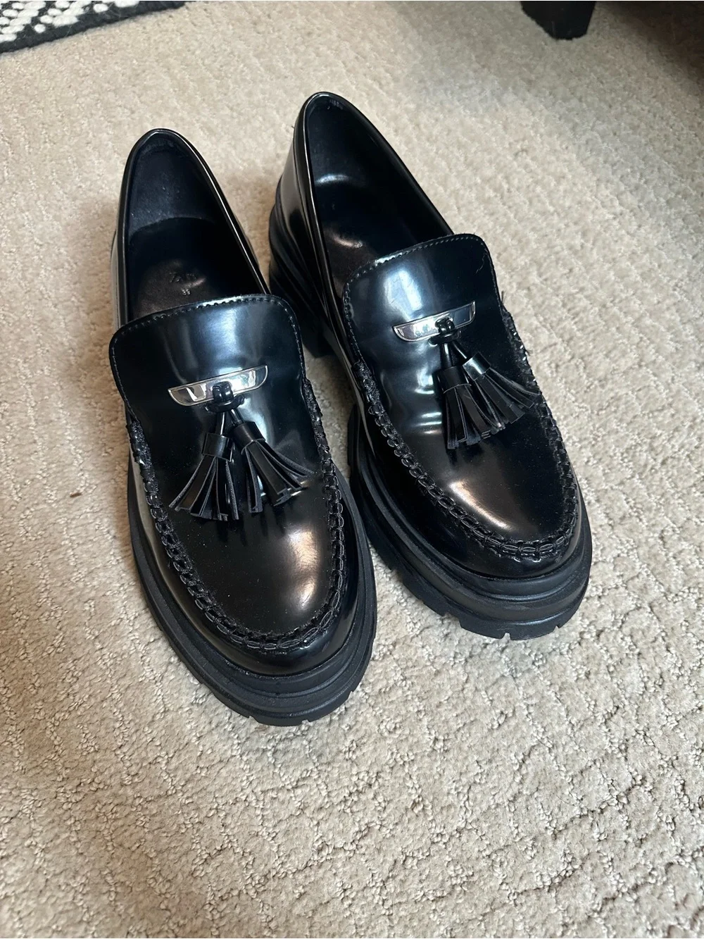 Black Tassel Leather Platform Zara Loafers